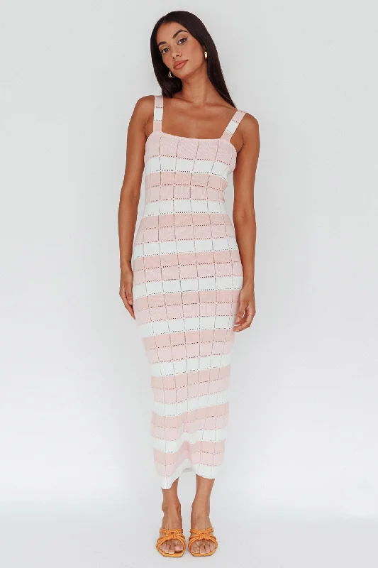 Midi dresses with denim fabric for a casual yet stylish day out Chase The Sunrise Knit Midi Dress Striped Pink Midi dresses with denim fabric for a casual yet stylish day out Chase The Sunrise Knit Midi Dress Striped Pink