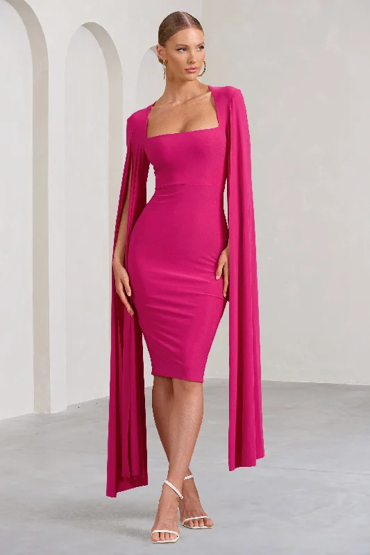 Midi dresses with pom - pom trims for a playful and festive look Flawless | Hot Pink Square Neck Midi Dress With Cape Sleeves Midi dresses with pom - pom trims for a playful and festive look Flawless | Hot Pink Square Neck Midi Dress With Cape Sleeves