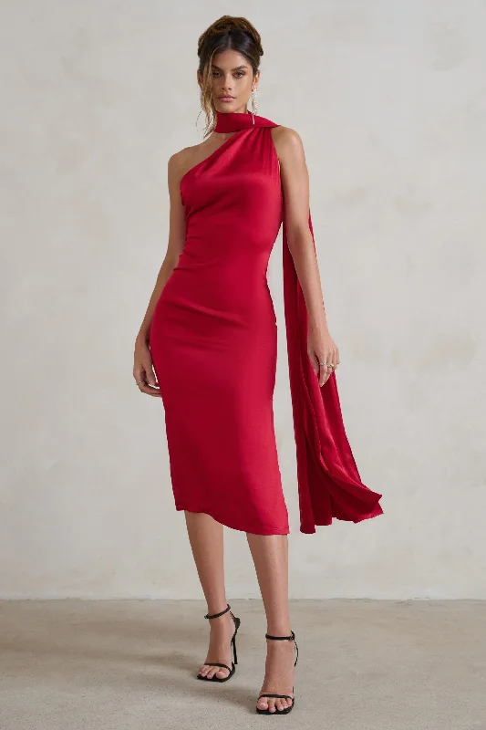 Midi dresses with belted waists to accentuate the figure Madame | Berry Red Satin Asymmetric Scarf Neck Backless Midi Dress Midi dresses with belted waists to accentuate the figure Madame | Berry Red Satin Asymmetric Scarf Neck Backless Midi Dress