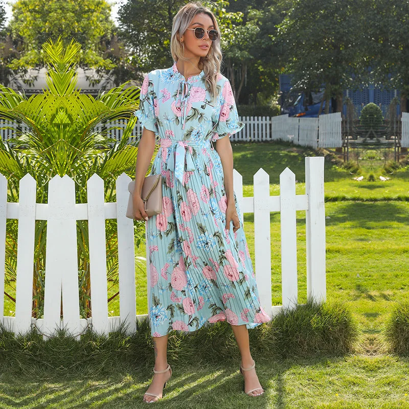 Midi dresses with patchwork patterns for a one - of - a - kind style KittenAlarm - Floral Print Tie & Ruffle Neck Pleated A-line Dress Midi dresses with patchwork patterns for a one - of - a - kind style KittenAlarm - Floral Print Tie & Ruffle Neck Pleated A-line Dress