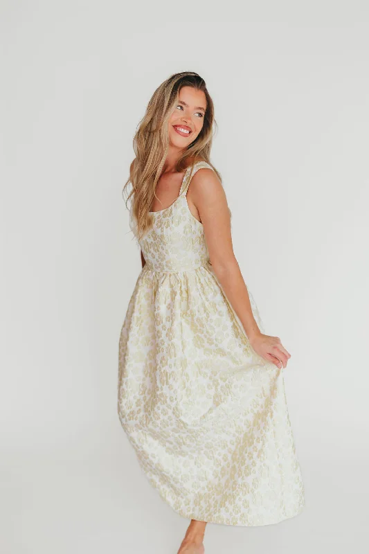 A - line midi dresses with floral prints for spring brunches Hayden Floral Jacquard Midi Dress in Butter A - line midi dresses with floral prints for spring brunches Hayden Floral Jacquard Midi Dress in Butter