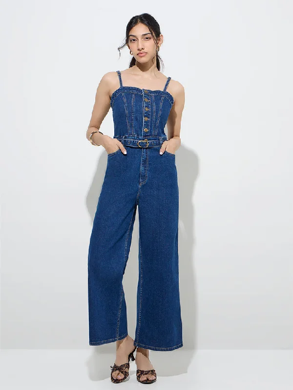 Mini dresses with keyhole necklines LOV Dark Blue Denim Jumpsuit with Belt