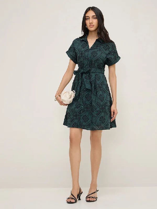 Mini dresses with one - shoulder designs LOV Teal Floral Embroidered A-Line Cotton Shirt Dress with Belt Mini dresses with one - shoulder designs LOV Teal Floral Embroidered A-Line Cotton Shirt Dress with Belt
