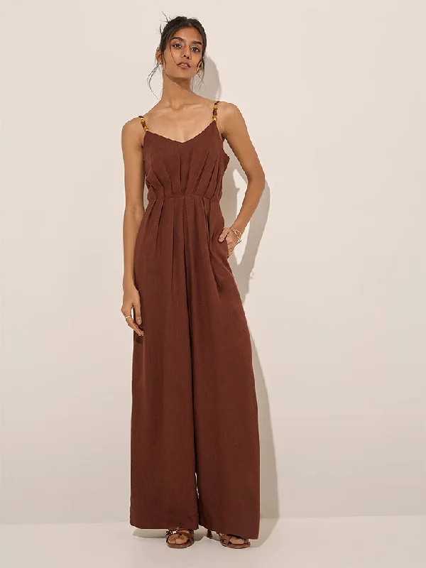 Mini dresses with bow accents for a sweet look LOV Brown Solid Linen-Blend Jumpsuit
