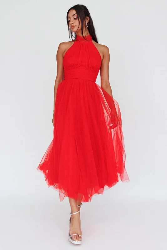 Midi dresses with wrap - around skirts for a customizable fit Andria Halterneck Tulle Midi Dress Red Midi dresses with wrap - around skirts for a customizable fit Andria Halterneck Tulle Midi Dress Red