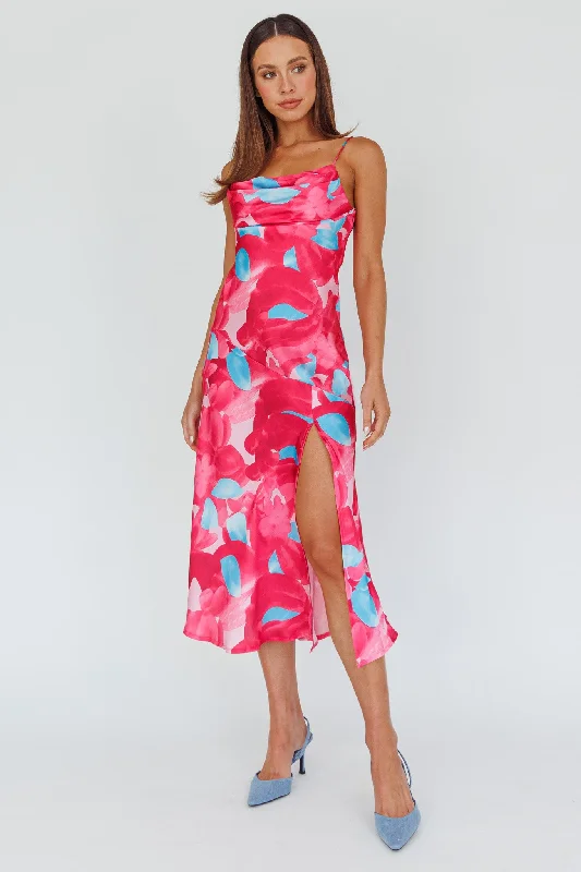 Midi dresses with side slits for a sexy and elegant appearance Well Versed Pleated Bust Front Split Dress Flora Pink Midi dresses with side slits for a sexy and elegant appearance Well Versed Pleated Bust Front Split Dress Flora Pink