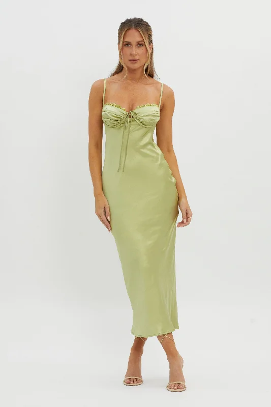 Midi dresses with puff sleeves for a vintage - inspired look Fortune Lace Trim Bust Tie Midi Dress Lime Midi dresses with puff sleeves for a vintage - inspired look Fortune Lace Trim Bust Tie Midi Dress Lime