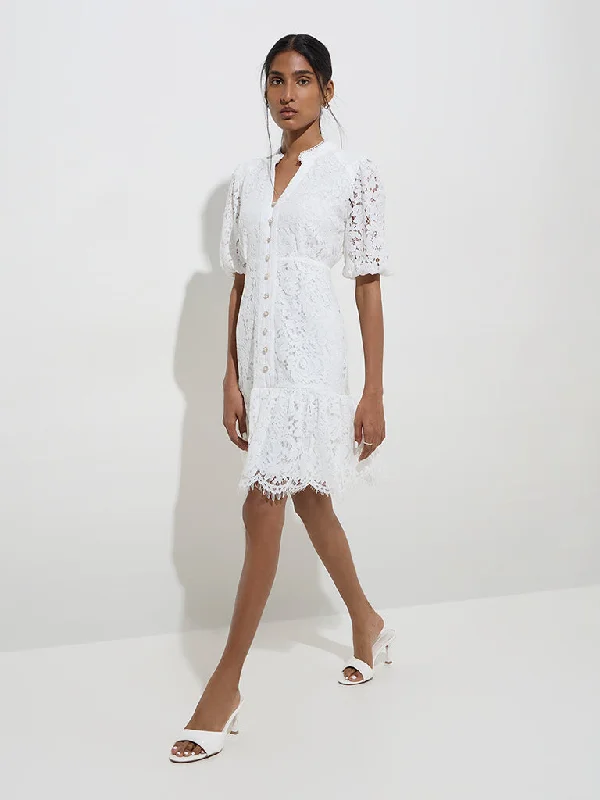 Polyester mini dresses for easy care Wardrobe White Lace-Detailed Tiered Dress