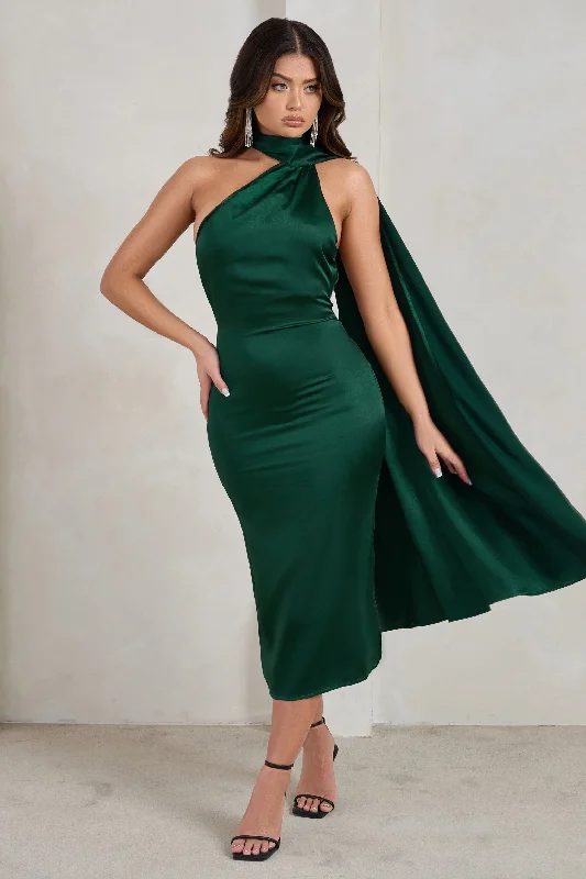 Midi dresses with lace - up fronts for a unique and adjustable style Madame | Bottle Green Satin Asymmetric Scarf Neck Backless Midi Dress Midi dresses with lace - up fronts for a unique and adjustable style Madame | Bottle Green Satin Asymmetric Scarf Neck Backless Midi Dress