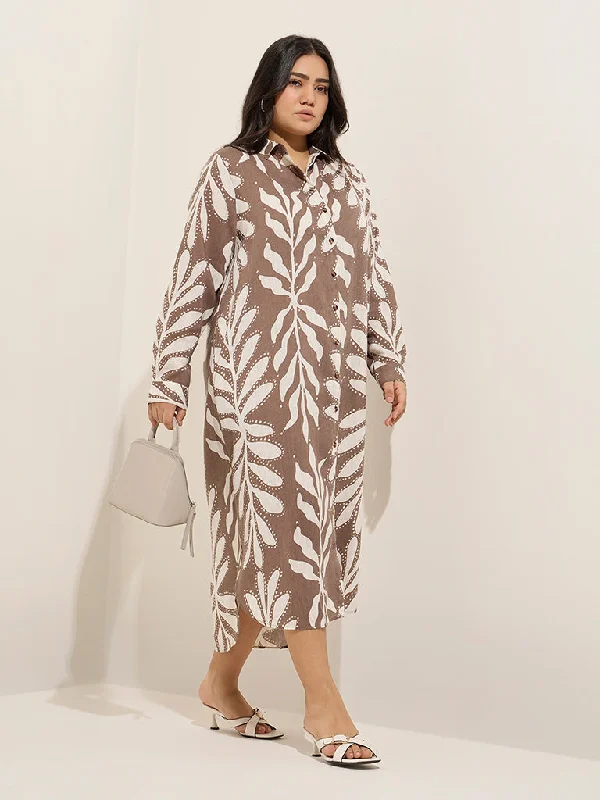 Leather mini dresses for a edgy style Gia Taupe Leaf Printed Shirt Dress