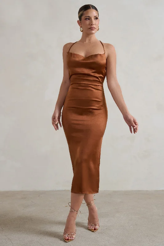 Midi dresses with sheer panels for a touch of allure Aja | Copper Cowl Cami Midi Dress With Waist Tie Midi dresses with sheer panels for a touch of allure Aja | Copper Cowl Cami Midi Dress With Waist Tie