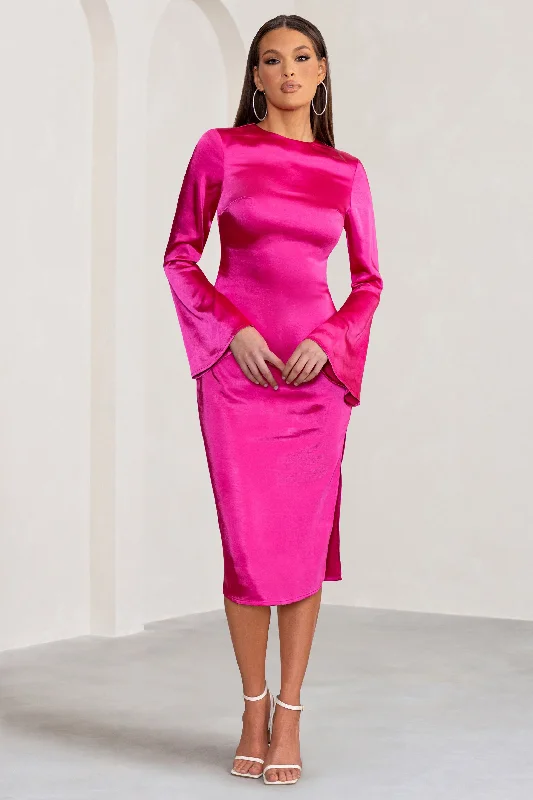 Midi dresses with mesh inserts for a trendy and breathable option Zaina | Hot Pink Long Sleeve Midi Dress with High Neckline Midi dresses with mesh inserts for a trendy and breathable option Zaina | Hot Pink Long Sleeve Midi Dress with High Neckline