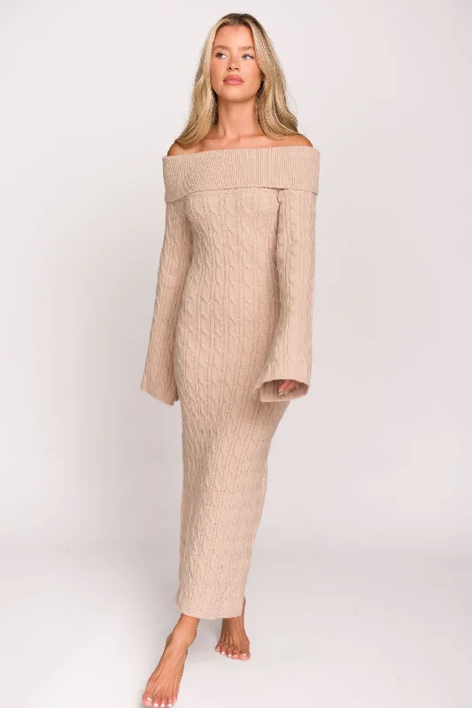 Midi dresses with fringe details for a fun and energetic style Carley Off-the-Shoulder Cable Knit Maxi Dress in Oatmeal Midi dresses with fringe details for a fun and energetic style Carley Off-the-Shoulder Cable Knit Maxi Dress in Oatmeal