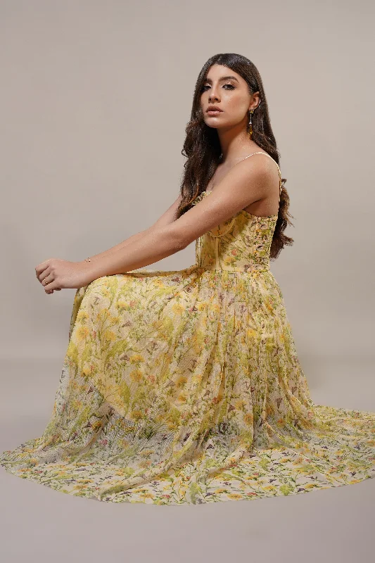 Midi dresses with pom - pom trims for a playful and festive look Dane Yellow Floral Corset Midi Dress Midi dresses with pom - pom trims for a playful and festive look Dane Yellow Floral Corset Midi Dress