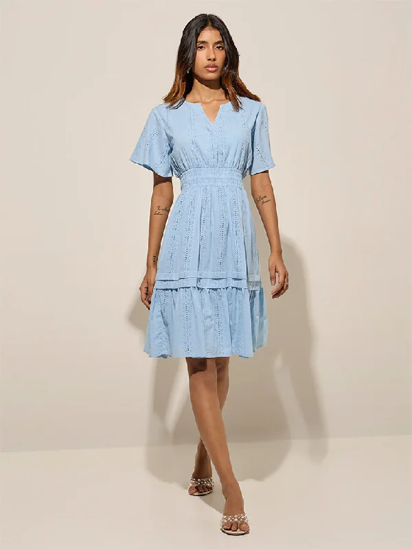 Mini dresses with halter necks for a stylish choice LOV Light Blue Schiffli Embroidered Cotton A-Line Dress Mini dresses with halter necks for a stylish choice LOV Light Blue Schiffli Embroidered Cotton A-Line Dress