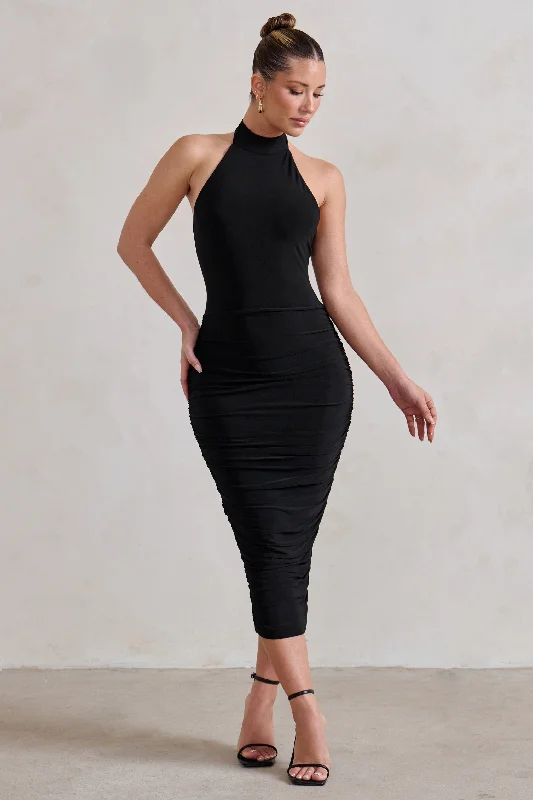 High - low midi dresses with geometric patterns for a modern party Chrissy | Black Halterneck Ruched Midi Dress High - low midi dresses with geometric patterns for a modern party Chrissy | Black Halterneck Ruched Midi Dress
