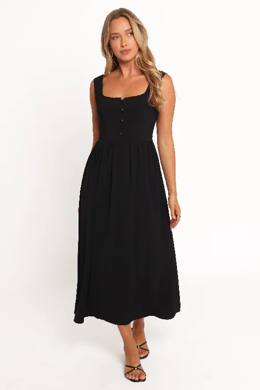 Midi dresses with polka dot prints for a playful summer outfit Melrose Midi Dress - Black Midi dresses with polka dot prints for a playful summer outfit Melrose Midi Dress - Black