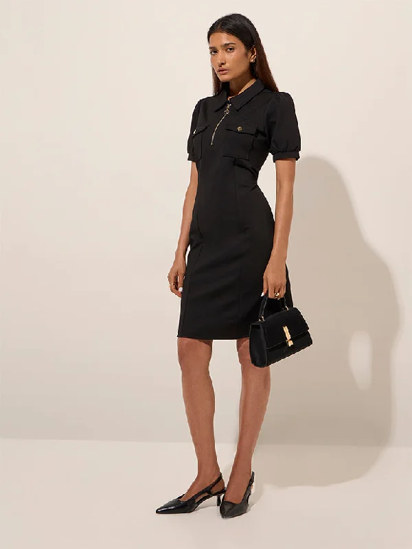 Polyester mini dresses for easy care Wardrobe Black Solid Bodycon Dress