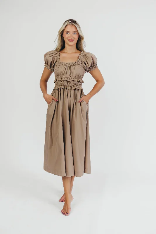 Midi dresses with empire waists for a flattering maternity option Raquel Cotton-Poplin Midi Dress in Dark Natural - Bump Friendly Midi dresses with empire waists for a flattering maternity option Raquel Cotton-Poplin Midi Dress in Dark Natural - Bump Friendly