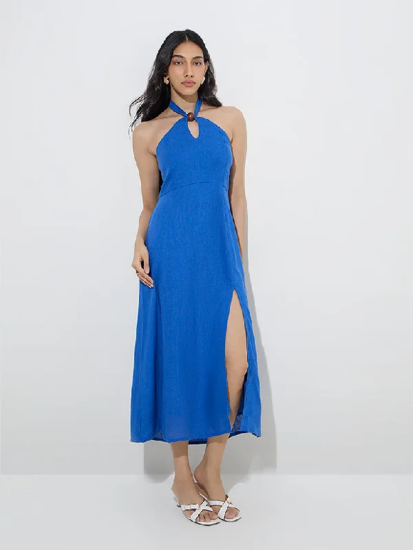 Mini dresses with button - down fronts LOV Blue Solid Linen-Blend A-Line Dress