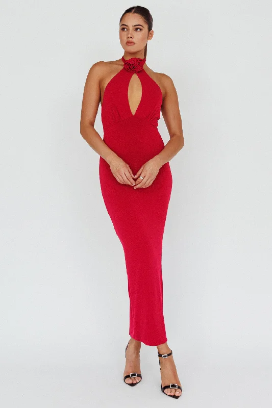 Midi dresses with button - down skirts for a unique and functional design Simha Rose Halterneck Midi Dress Red Midi dresses with button - down skirts for a unique and functional design Simha Rose Halterneck Midi Dress Red