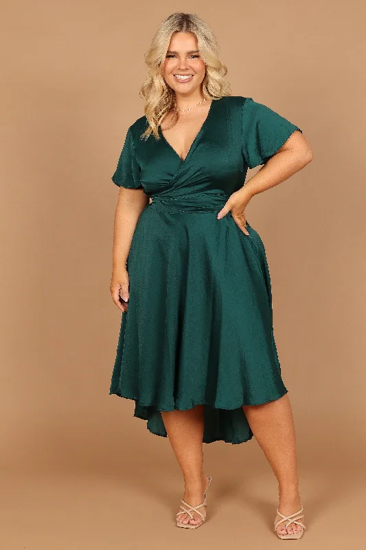 Midi dresses with puff sleeves for a vintage - inspired look Amanda Hi Lo Tie Front Dress - Emerald Midi dresses with puff sleeves for a vintage - inspired look Amanda Hi Lo Tie Front Dress - Emerald
