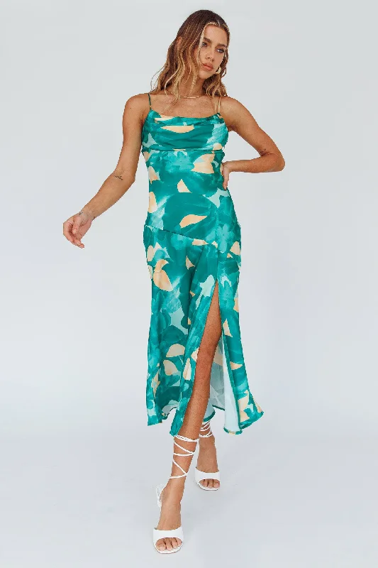 Midi dresses with bow accents for a sweet and charming look Well Versed Pleated Bust Front Split Dress Flora Green