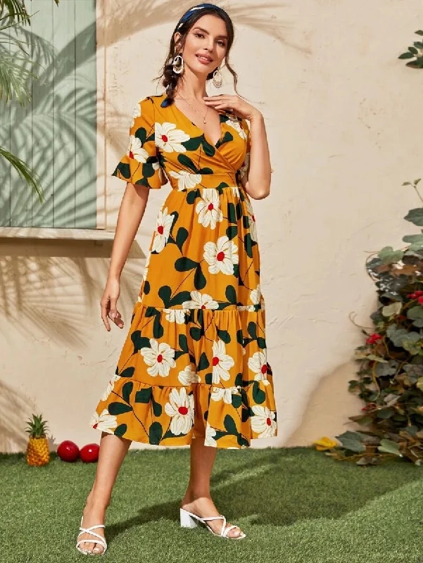 Midi dresses with button - front designs for a classic touch KittenAlarm - Allover Floral Print Surplice Neck Ruffle Hem Dress Midi dresses with button - front designs for a classic touch KittenAlarm - Allover Floral Print Surplice Neck Ruffle Hem Dress