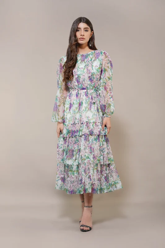 Midi dresses with ruffled hems for a romantic date night Rebecca Midi Dress in Purple Green Floral Midi dresses with ruffled hems for a romantic date night Rebecca Midi Dress in Purple Green Floral