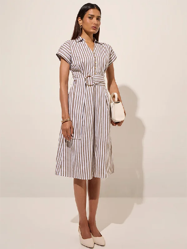 Mini dresses with embroidered details for a unique touch Wardrobe Beige Striped Cotton A-Line Dress with Belt Mini dresses with embroidered details for a unique touch Wardrobe Beige Striped Cotton A-Line Dress with Belt