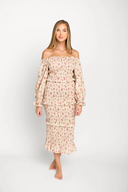 Midi dresses with button - down skirts for a unique and functional design Lila Floral Printed Smocked Midi Dress in Pink - Bump Friendly Midi dresses with button - down skirts for a unique and functional design Lila Floral Printed Smocked Midi Dress in Pink - Bump Friendly