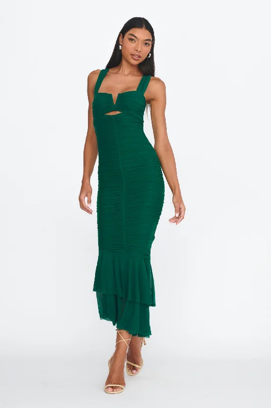 Midi dresses with gathered skirts for a full and flowing silhouette Nadia Ruched Fishtail Maxi Dress Green Midi dresses with gathered skirts for a full and flowing silhouette Nadia Ruched Fishtail Maxi Dress Green
