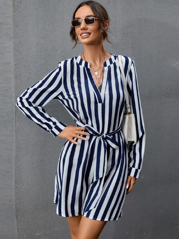 Midi dresses with bow accents for a sweet and charming look KittenAlarm - V Neck Striped Belted Dress Midi dresses with bow accents for a sweet and charming look KittenAlarm - V Neck Striped Belted Dress