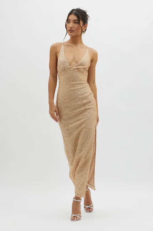 Sleeveless midi dresses with lace details for summer weddings Alysia Plunging Halterneck Maxi Dress Champagne Sleeveless midi dresses with lace details for summer weddings Alysia Plunging Halterneck Maxi Dress Champagne