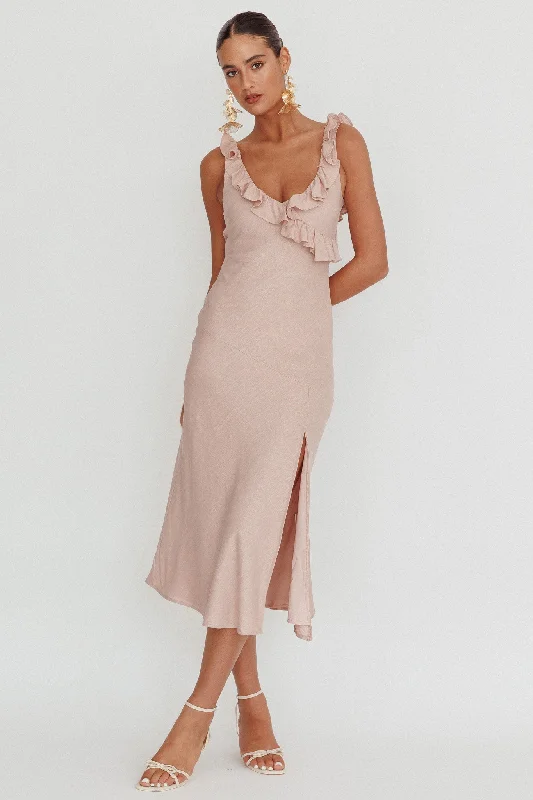Midi dresses with sheer panels for a touch of allure Alba Frill Trim Midi Dress Baby Blush Midi dresses with sheer panels for a touch of allure Alba Frill Trim Midi Dress Baby Blush