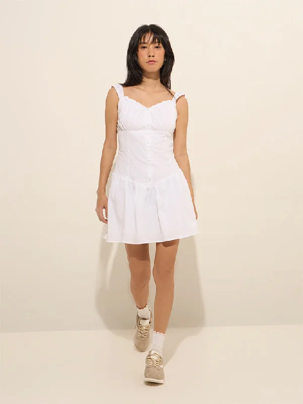 Mini dresses with side slits for a sexy appeal Nuon White Corset-Style Cotton A-Line Dress