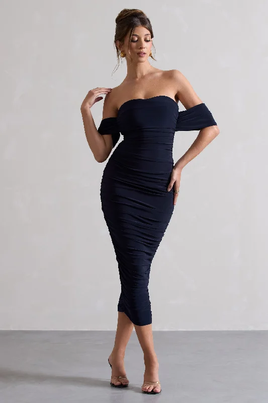 Midi dresses with metallic threads for a glamorous evening event Lost For Words | Navy Bardot Ruched Draped Midi Dress Midi dresses with metallic threads for a glamorous evening event Lost For Words | Navy Bardot Ruched Draped Midi Dress