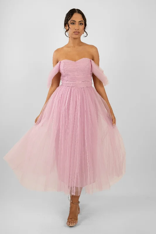 Midi dresses with keyhole backs for a flirty and unexpected detail Melbourne Tulle Midi Dress in Pink