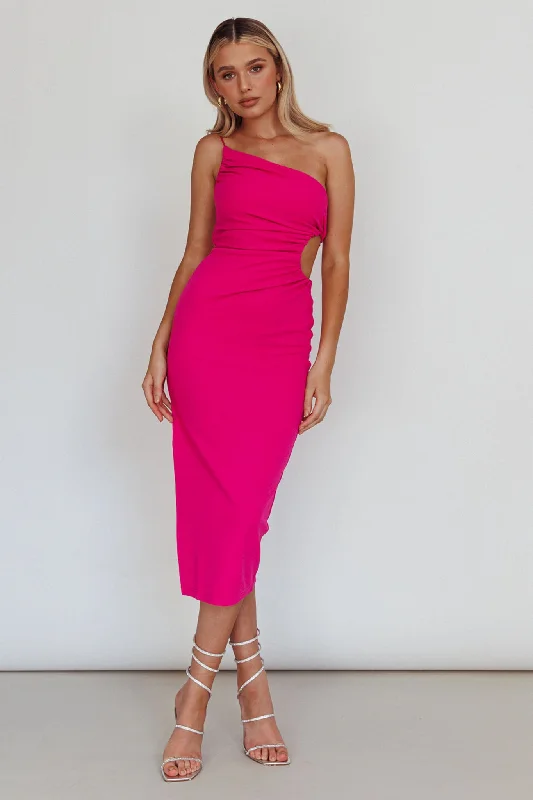 Midi dresses with polka dot prints for a playful summer outfit Taking Bets One Shoulder Cut-Out Midi Dress Hot Pink Midi dresses with polka dot prints for a playful summer outfit Taking Bets One Shoulder Cut-Out Midi Dress Hot Pink