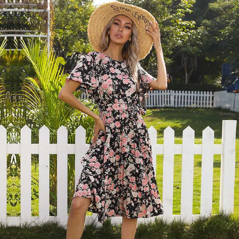 Midi dresses with V - necklines for a flattering and elongating effect KittenAlarm - Allover Floral Butterfly Sleeve Belted Pleated Dress Midi dresses with V - necklines for a flattering and elongating effect KittenAlarm - Allover Floral Butterfly Sleeve Belted Pleated Dress