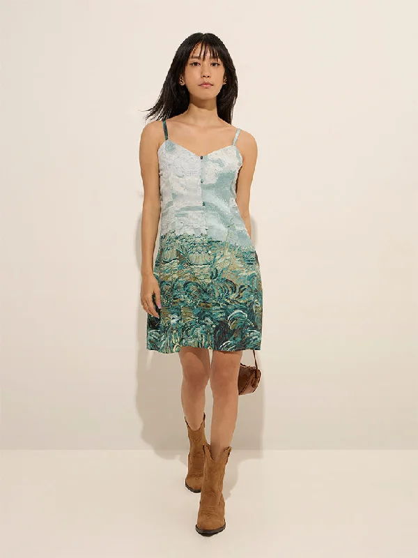 Mini dresses with pom - pom trims for a playful feel Nuon Teal Scenic-Printed A-Line Dress Mini dresses with pom - pom trims for a playful feel Nuon Teal Scenic-Printed A-Line Dress