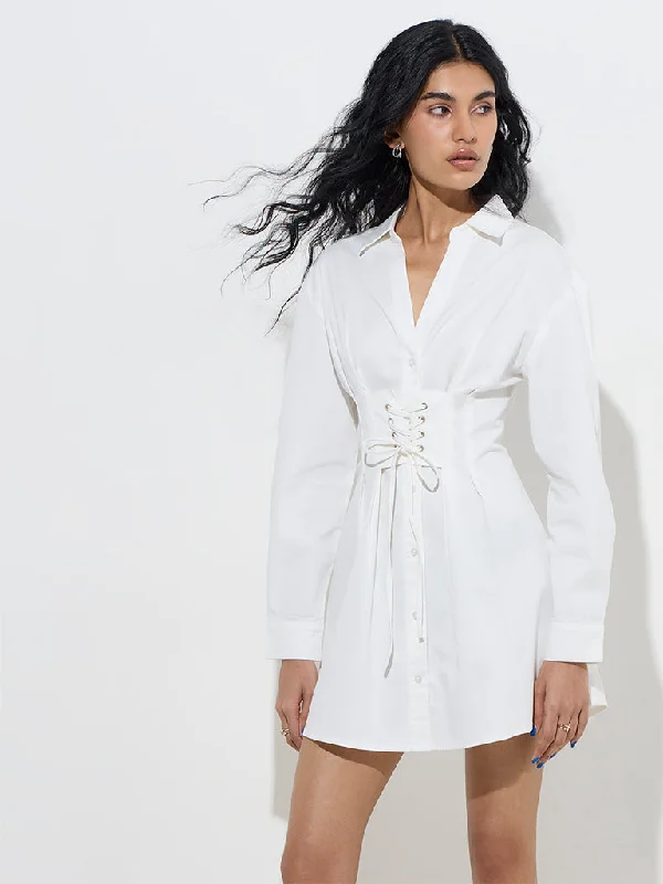 Mini dresses with wrap - around styles Nuon White Corset-Style Cotton-Blend Shirt Dress Mini dresses with wrap - around styles Nuon White Corset-Style Cotton-Blend Shirt Dress