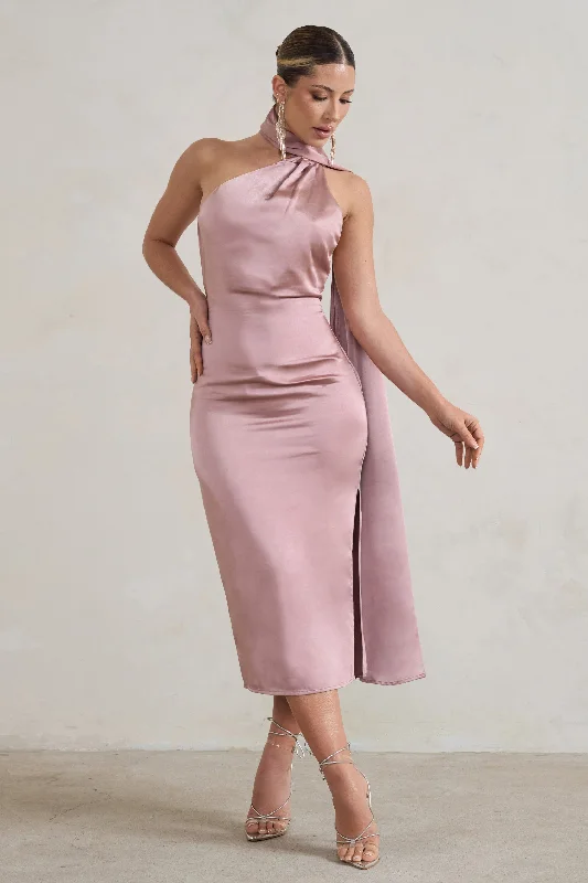 A - line midi dresses with floral prints for spring brunches Madame | Blush Pink Satin Asymmetric Scarf Neck Backless Midi Dress A - line midi dresses with floral prints for spring brunches Madame | Blush Pink Satin Asymmetric Scarf Neck Backless Midi Dress