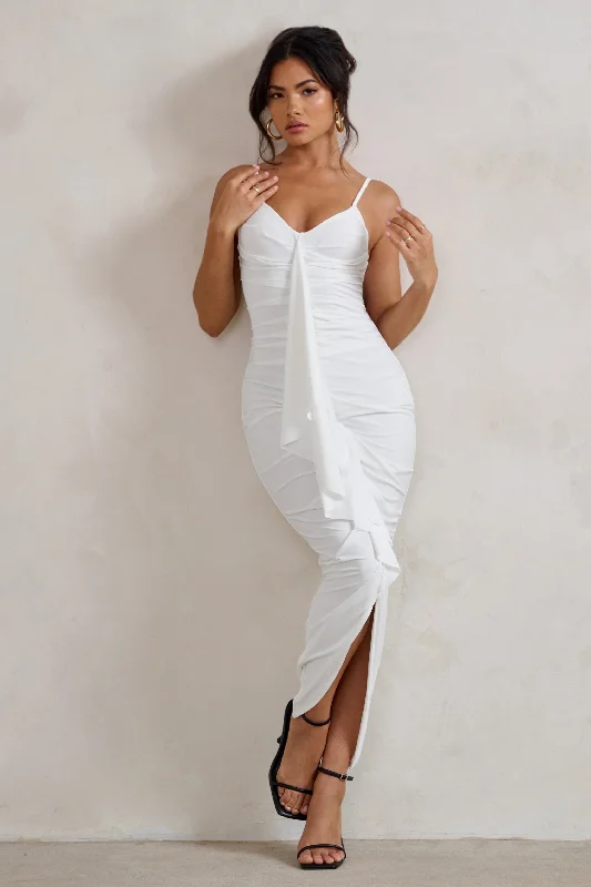 Midi dresses with polka dot prints for a playful summer outfit Dorothy | White Plunge V Neckline Ruffle Midi Dress Midi dresses with polka dot prints for a playful summer outfit Dorothy | White Plunge V Neckline Ruffle Midi Dress