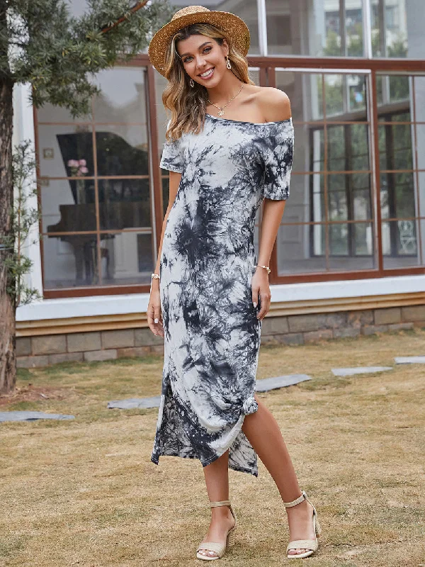 Midi dresses with button - down skirts for a unique and functional design KittenAlarm - Women's Mid-length A-line Skirt Off-the-shoulder Ink Print Dress Midi dresses with button - down skirts for a unique and functional design KittenAlarm - Women's Mid-length A-line Skirt Off-the-shoulder Ink Print Dress