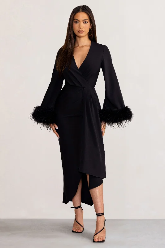 Sheath midi dresses with beaded embellishments for a formal occasion Jenna | Black Plunge Midi Dress with Feather Trim Wide Sleeves and Front Tie Drape Sheath midi dresses with beaded embellishments for a formal occasion Jenna | Black Plunge Midi Dress with Feather Trim Wide Sleeves and Front Tie Drape