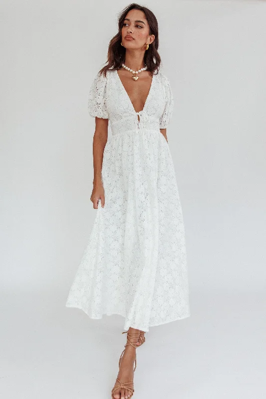 Midi dresses with halter necks for a stylish and comfortable option Sunday Kinda Love Puff Sleeve Lace Dress White Midi dresses with halter necks for a stylish and comfortable option Sunday Kinda Love Puff Sleeve Lace Dress White