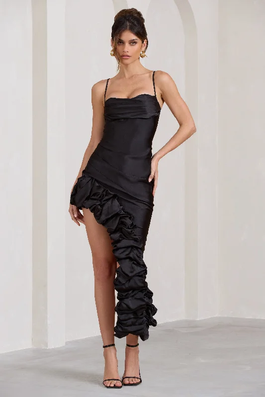 Midi dresses with metallic threads for a glamorous evening event Florence | Black Satin Asymmetric Ruffle Cowl Midi Dress Midi dresses with metallic threads for a glamorous evening event Florence | Black Satin Asymmetric Ruffle Cowl Midi Dress