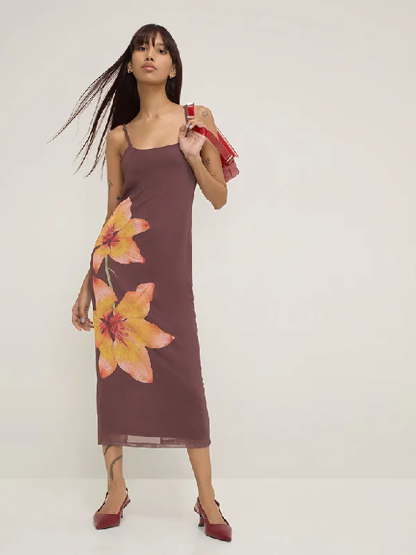 Mini dresses with pom - pom trims for a playful feel Nuon Dark Brown Floral Printed Straight Dress Mini dresses with pom - pom trims for a playful feel Nuon Dark Brown Floral Printed Straight Dress