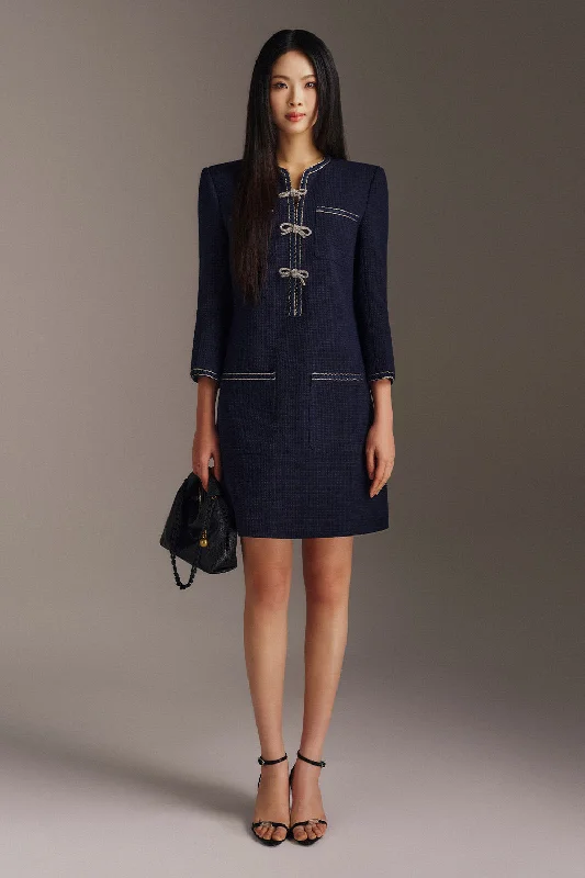 Mini dresses with polka dot patterns Elikai Shift Bow Tie Tweed Mini Dress
